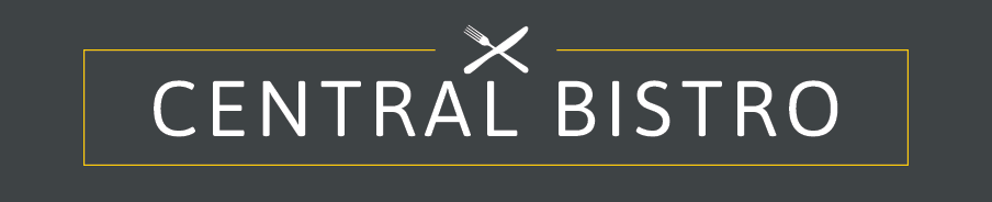 Logo for the Central Bistro - A black rectangle with a yellow line inside of it making a smaller rectangle. A crossed knife and fork over the text Central Bistro.